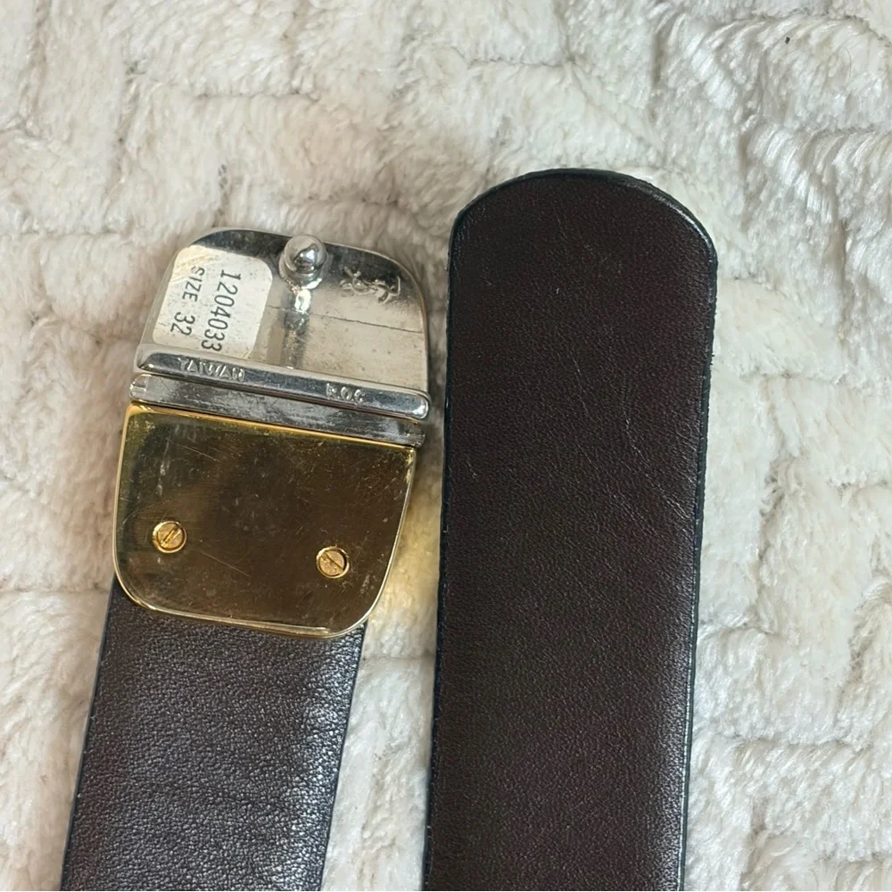 Vintage Yves Saint Laurent Mens 32 Reversible Black Brown‎ Silver Gold Tone Belt